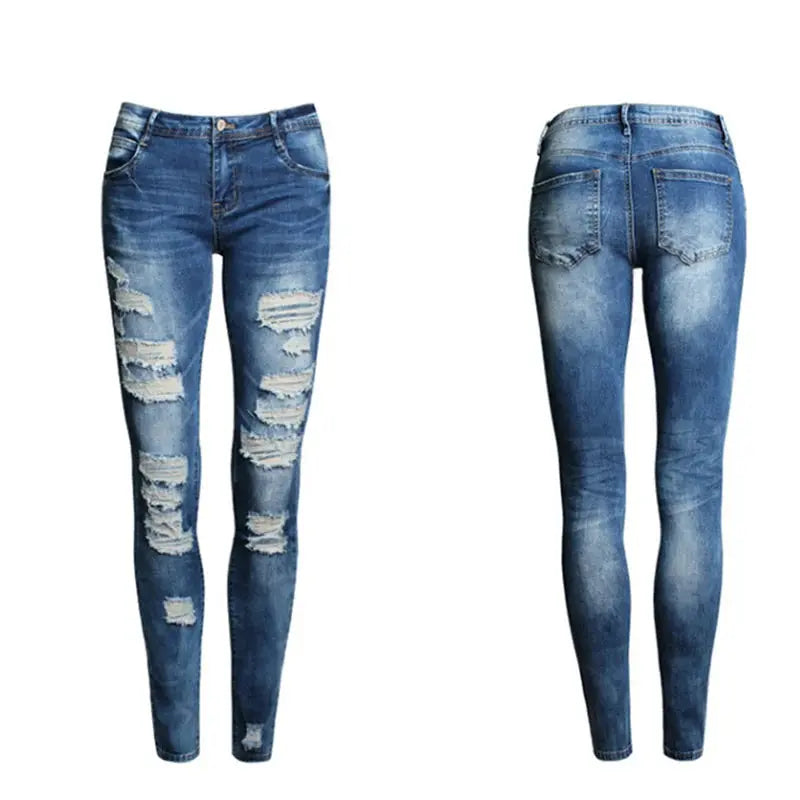 Detail shot of the high-waist cut on red ripped jeans, designed for comfort and support.