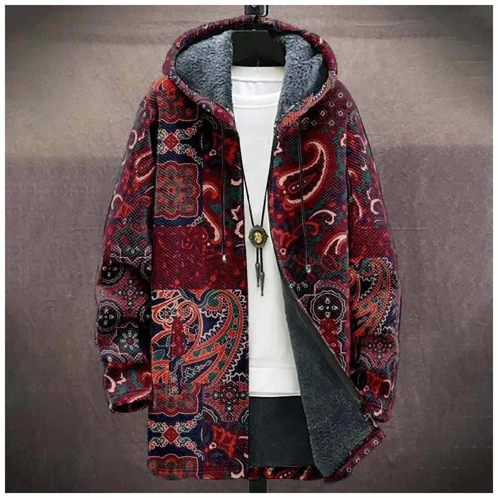 Thick polyester cardigan showcasing traditional geometric tribal artwork in vibrant colors