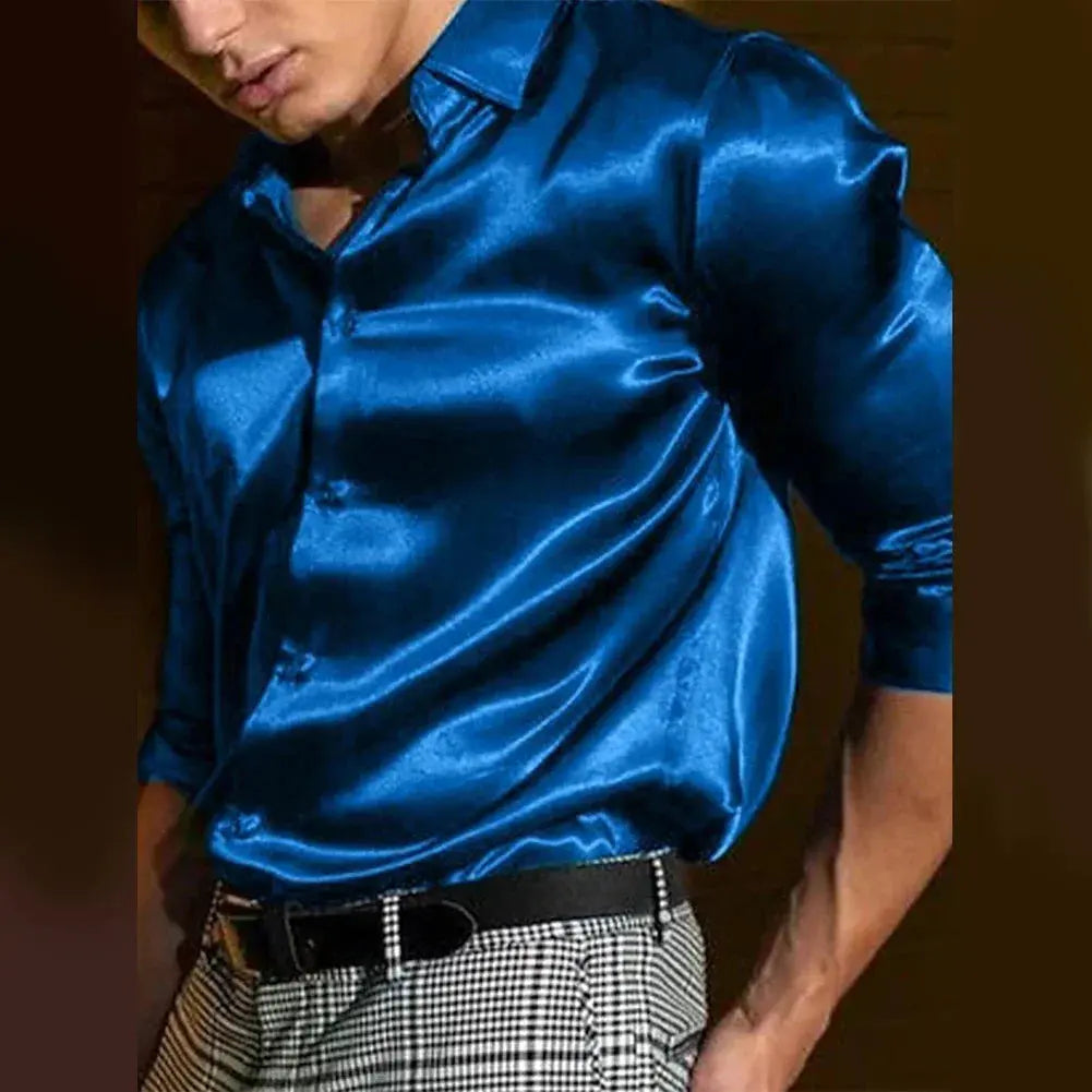 Back view of the tailored satin shirt, emphasizing the seamless design and polished look.