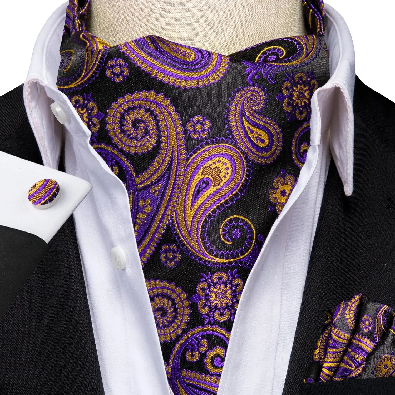 Elegant men's scarf, Golden Hour Ascot with intricate detailing.