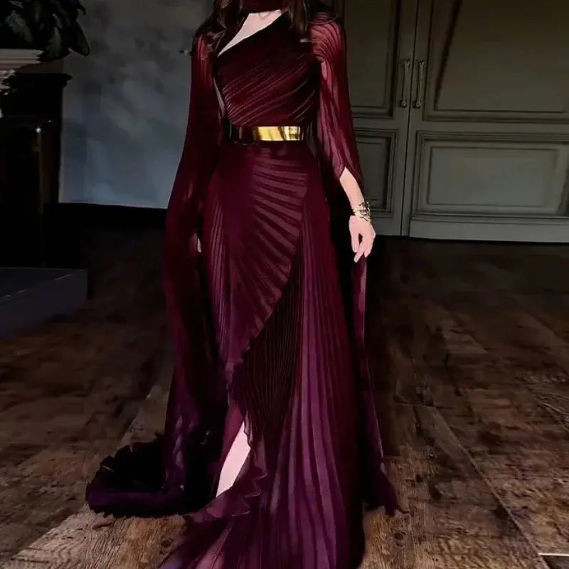 Close-up of the Twilight Cascade gown's luxurious polyester fabric and half-high collar.