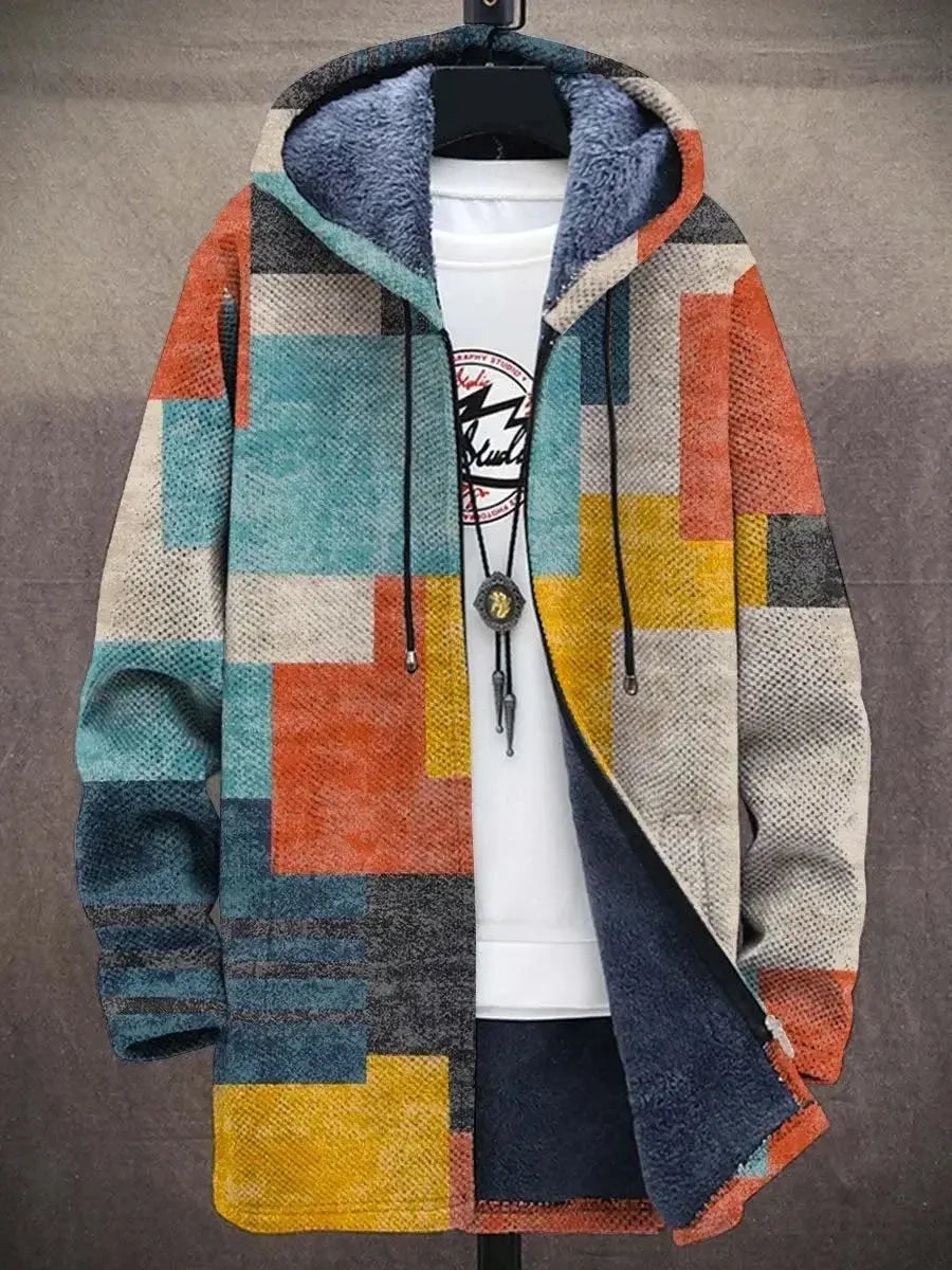 Close-up of colorful graphics on the vibrant winter coat's fabric.