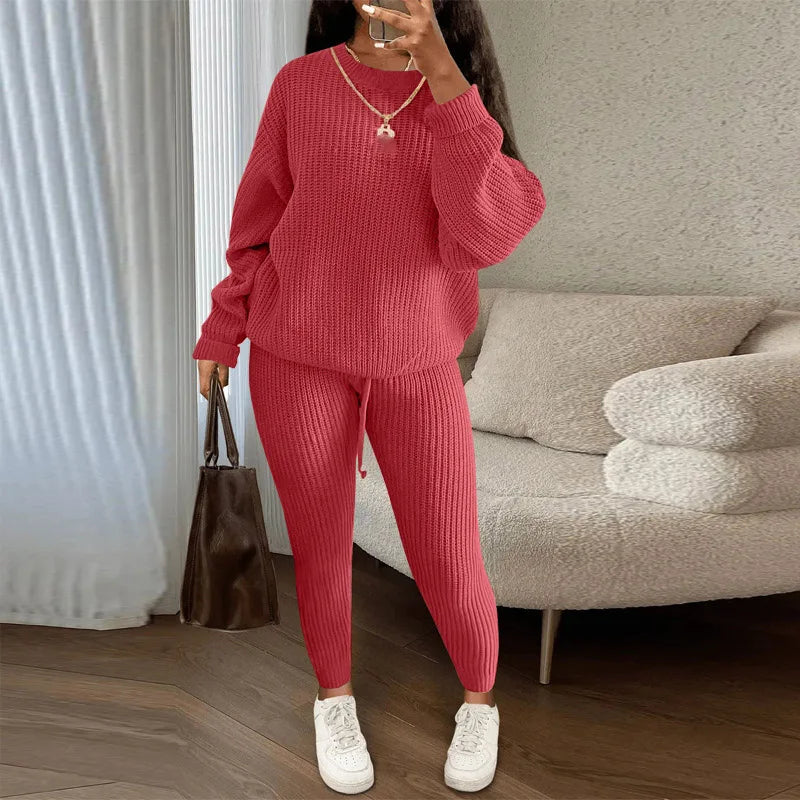 Model showcasing the Cozy Elegance Knit Set at a casual gathering, radiating confidence.