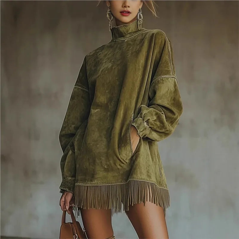 Autumn Whisper Turtleneck in rich burgundy suede with playful tassels and high collar.