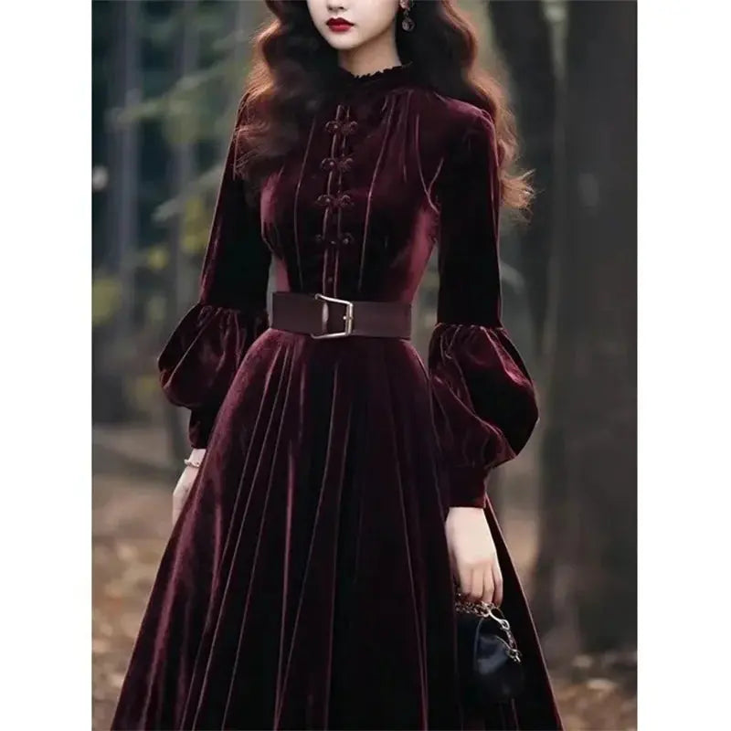 Full view of the Midnight Whispers Velvet Dress, emphasizing its flowing silhouette and luxurious fabric.
