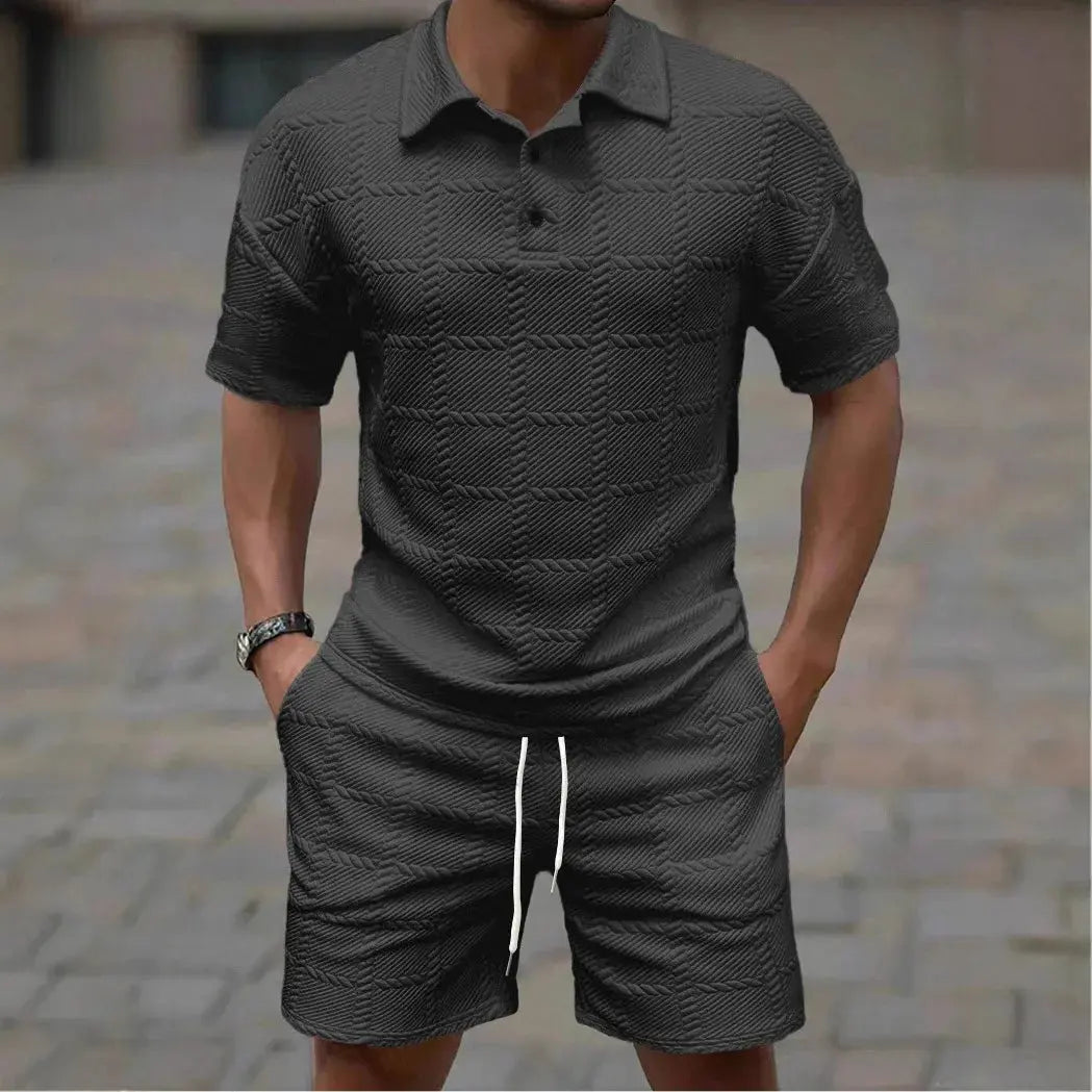 Men's summer suit featuring a V-neck collar and breathable fabric for comfort.