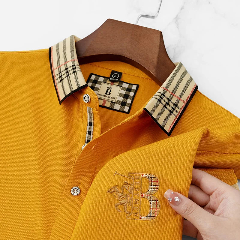 Men's casual polo combining classic silhouette with contrast collar and embroidered craftsmanship