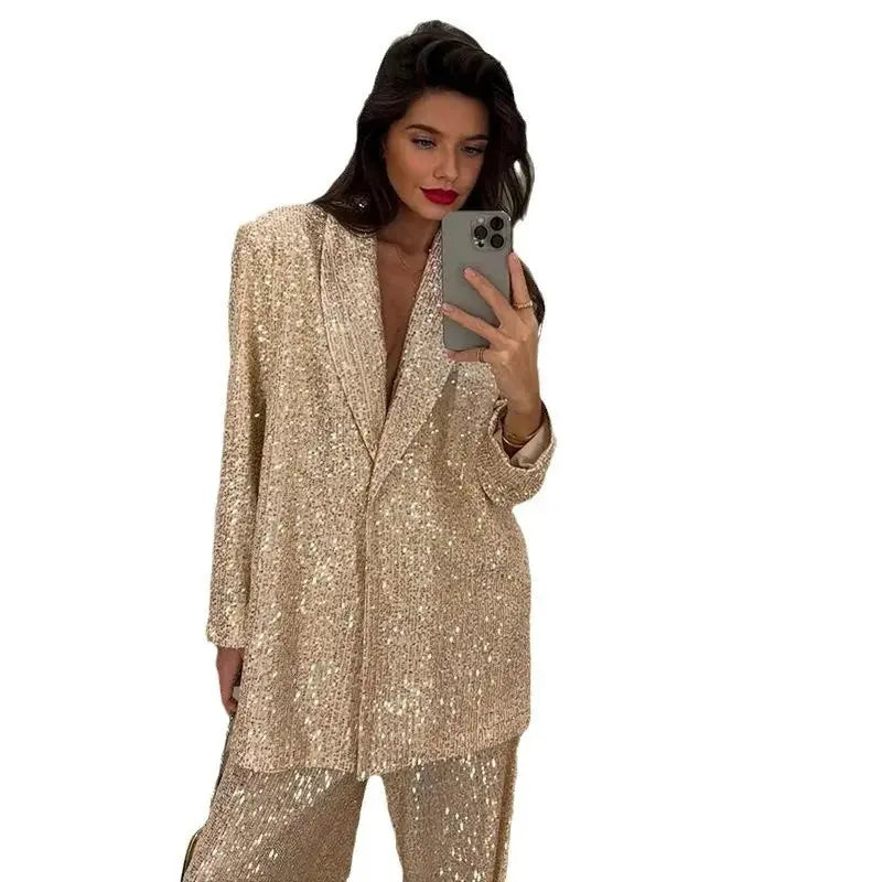 Back view of the Dazzle Effortlessly sequin suit set, highlighting its flattering silhouette.