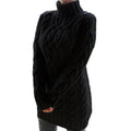 Model wearing a fitted winter turtleneck dress, showcasing its snug fit and full sleeves.