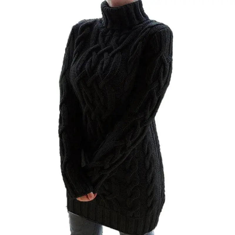 Model wearing a fitted winter turtleneck dress, showcasing its snug fit and full sleeves.