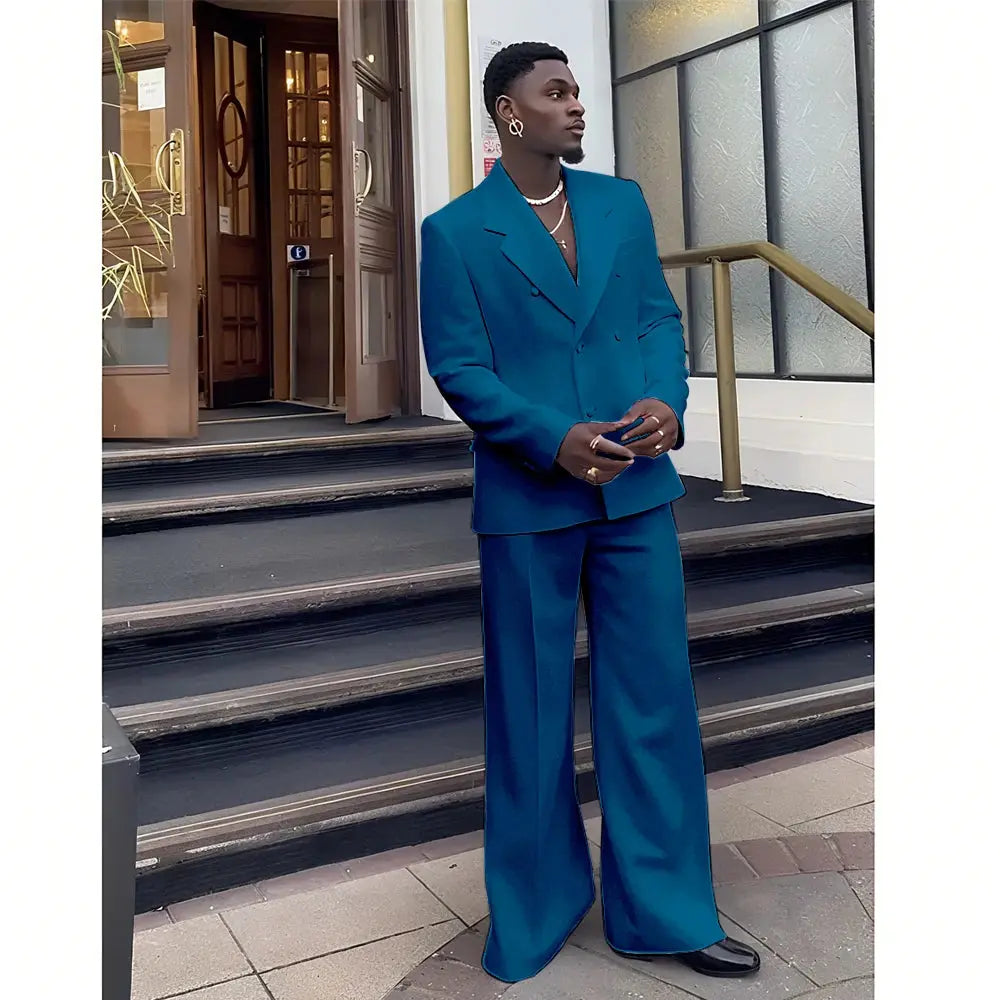 Back view of a double-breasted suit, emphasizing its elegant design.