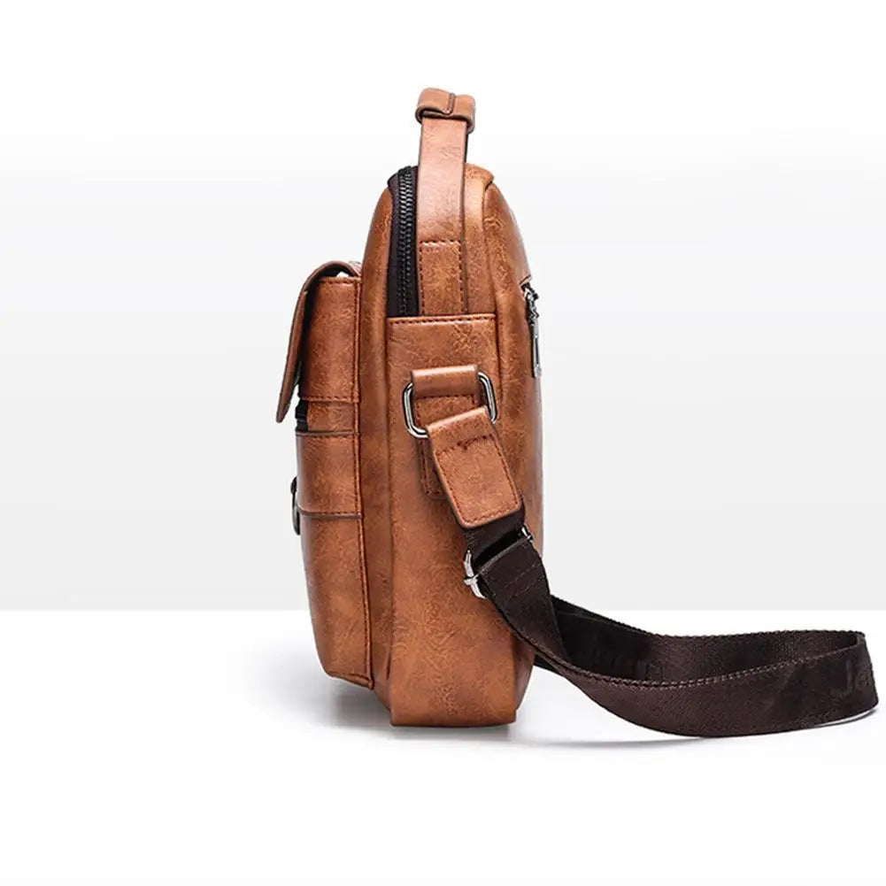 Men wearing brown PU leather crossbody bag while exploring city streets hands-free