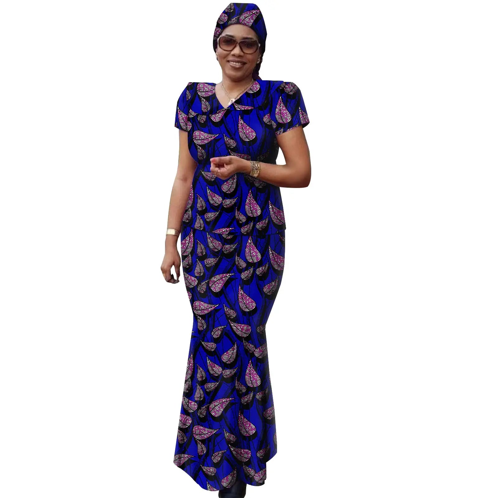 African Women Ankara Print Doll Collar Top, Skirt & Headscarf 3-Piece Set