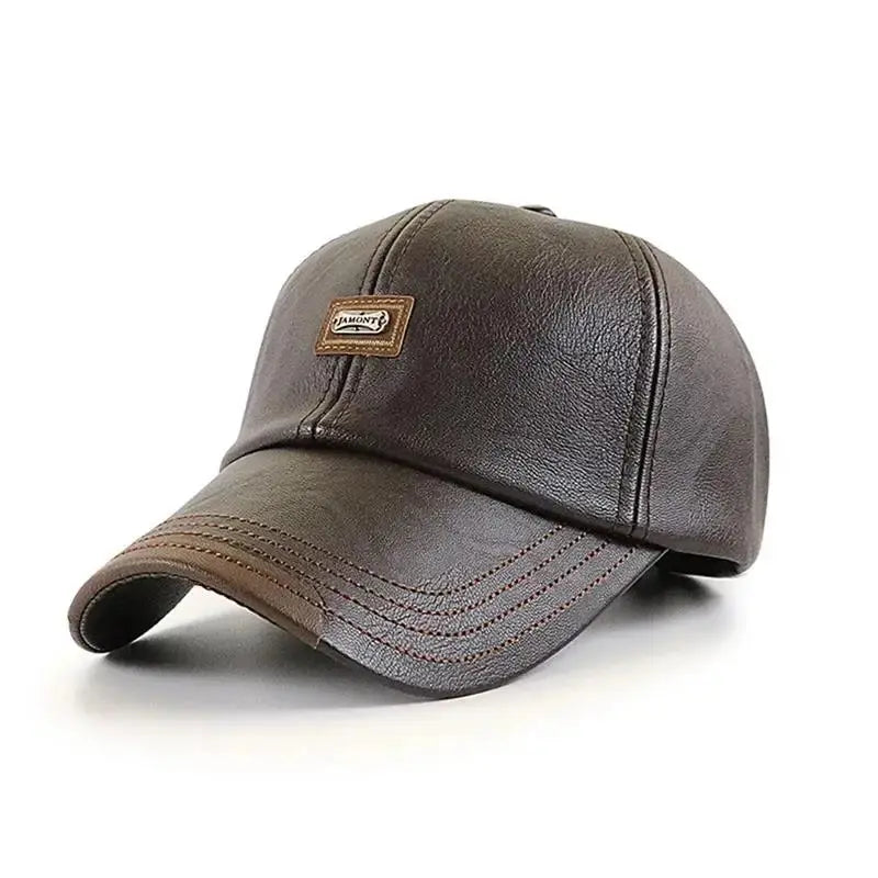 Urban style winter hat made from faux leather, perfect for streetwear.