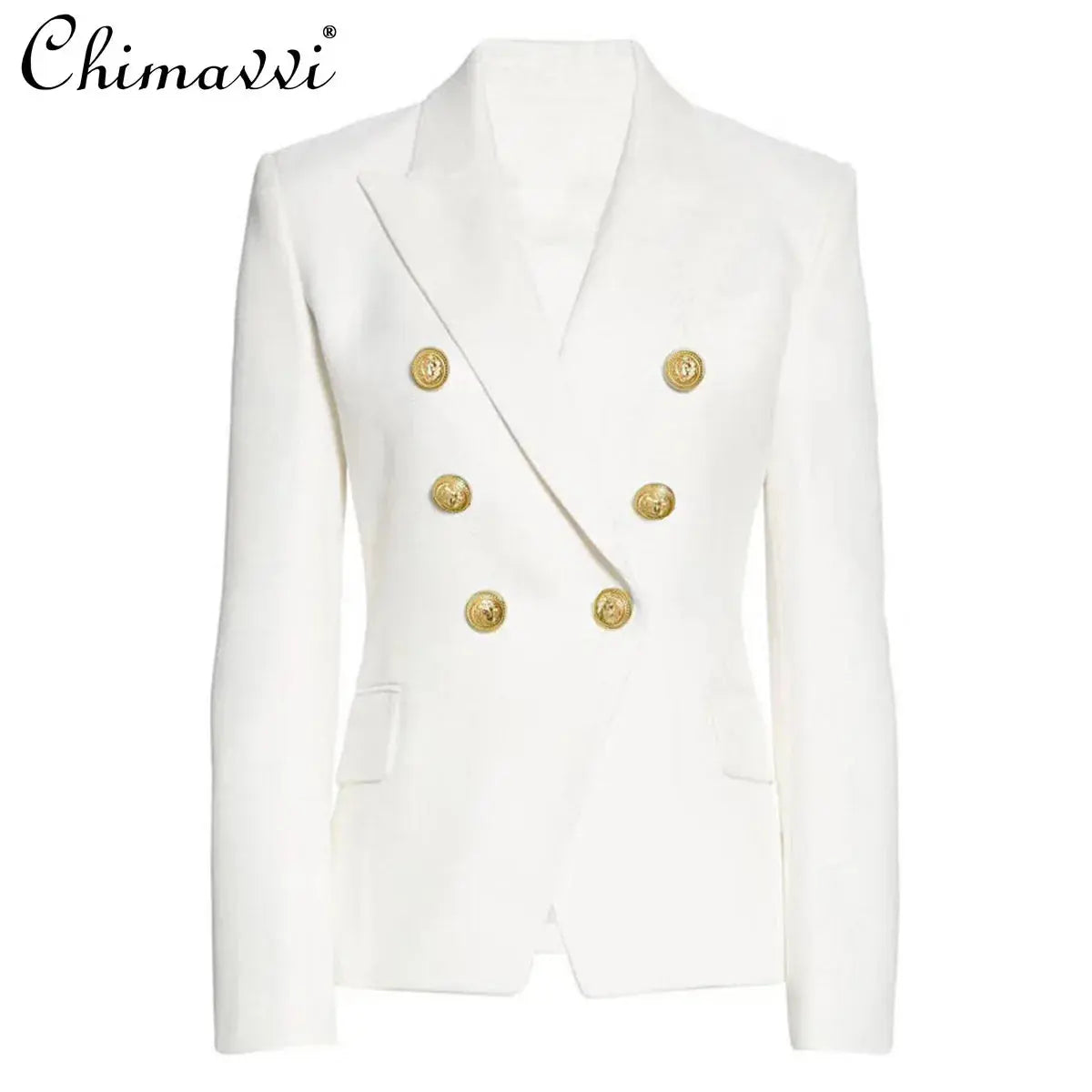 Detail of the sharp A-line skirt paired with the navy tailored jacket.