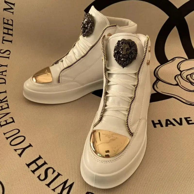 Top-down view of breathable high-top sneakers with mesh lining.