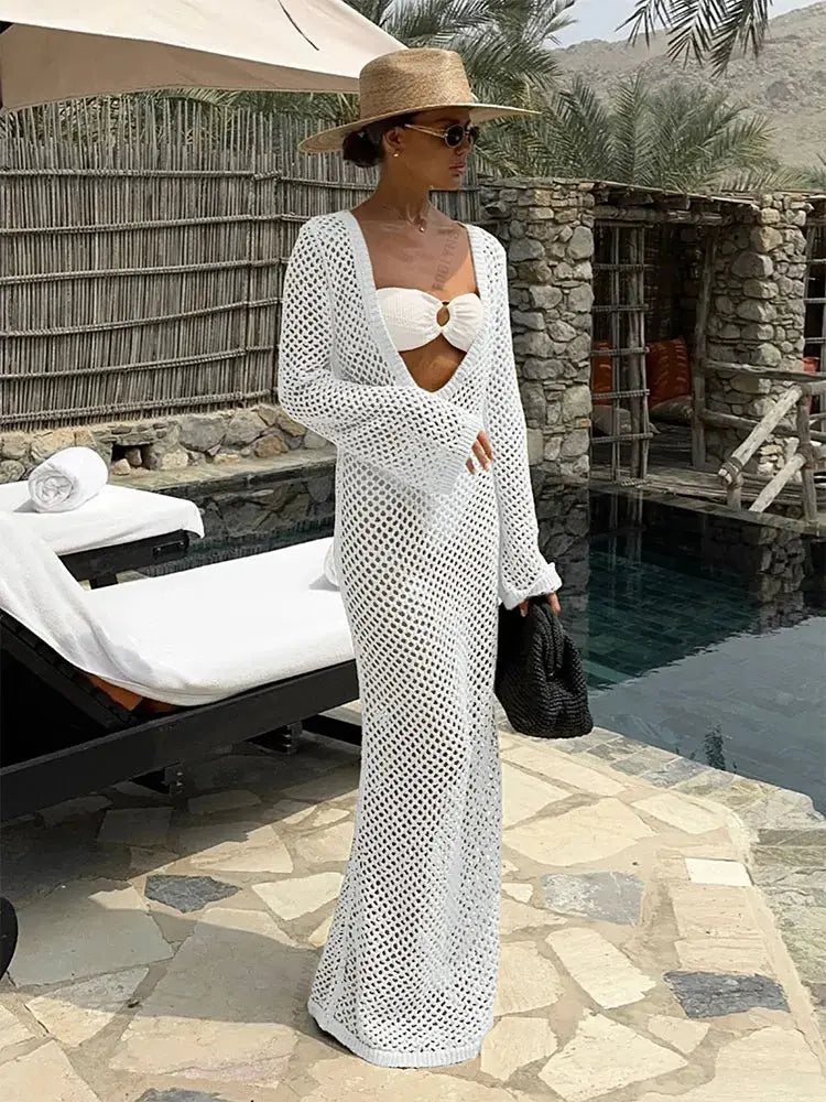 Side view of the Whisper of Waves Crochet Maxi Cover-Up, showcasing its flattering fit and natural waistline.