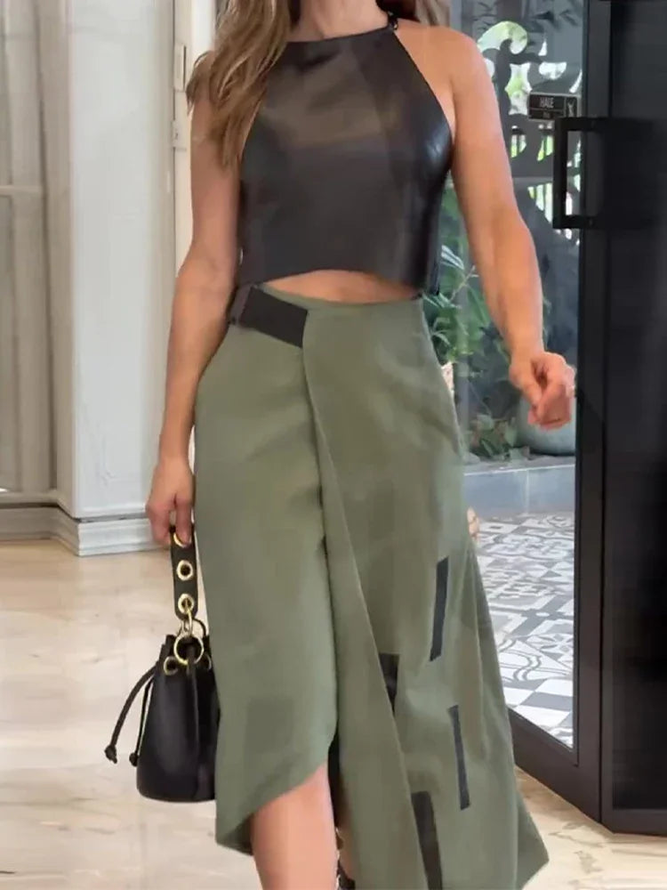 Luxe leatherette crop top and ankle-length skirt combination with elegant silhouette