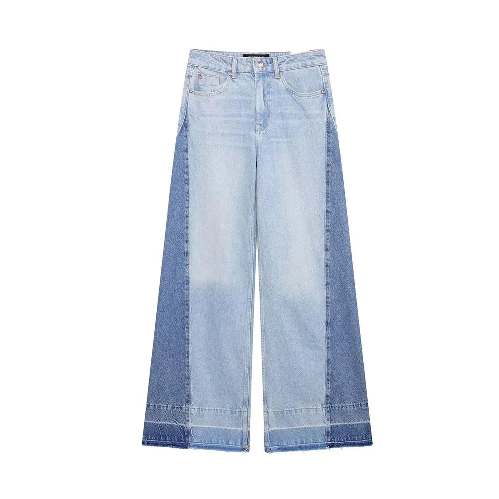 High-waisted wide-leg jeans in classic blue with unique splicing detail.