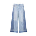 High-waisted wide-leg jeans in classic blue with unique splicing detail.