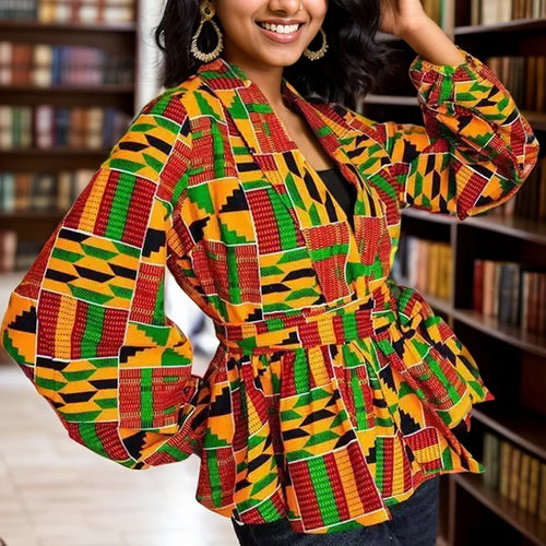 African print V-neck long sleeve polyester top with vibrant traditional patterns in black and colorful geometric designs