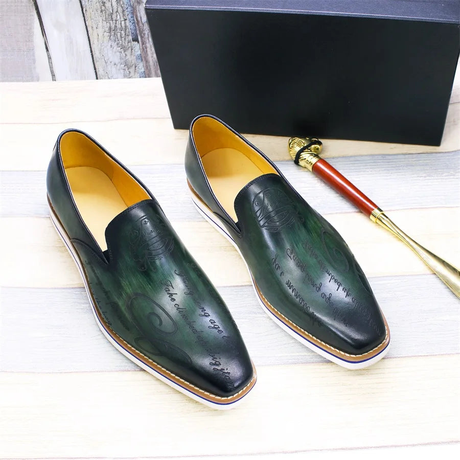 Side view of handmade leather loafers featuring breathable construction and laser-etched decorative pattern