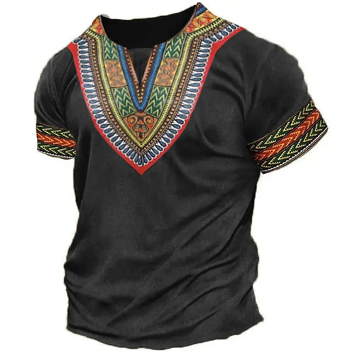 African Print Hip Hop Round Neck T-Shirt with vibrant cultural patterns on white background