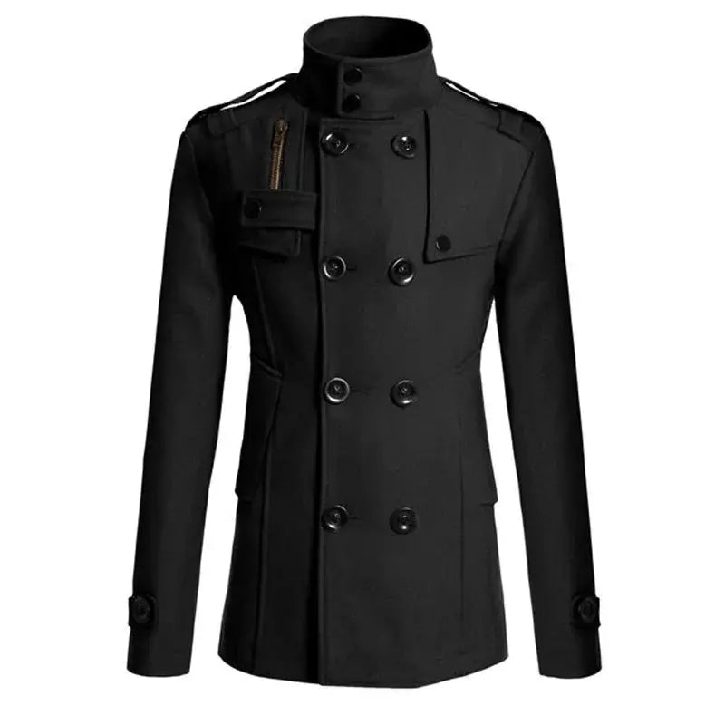 Elegant woolen overcoat displayed on a mannequin, showcasing its tailored fit.