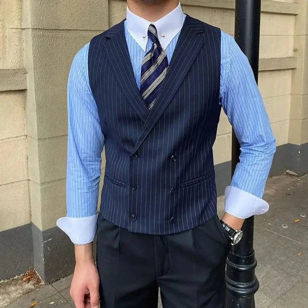 Back view of a tailored striped vest showcasing its elegant silhouette and premium polyester fabric.