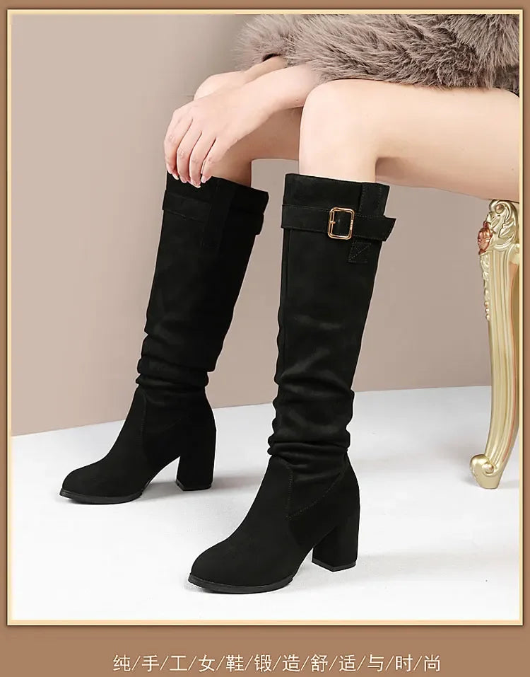 Mid-calf waterproof boots featuring buttery soft suede and stable heel design