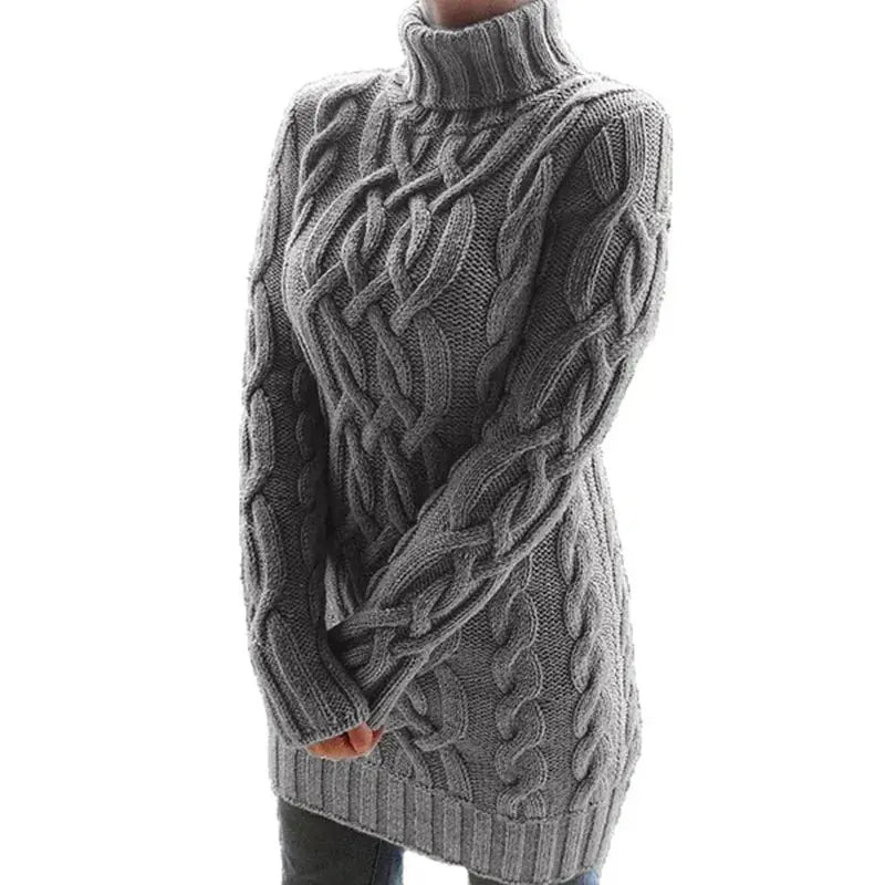 Elegant long sleeve turtleneck dress styled for a casual café look, emphasizing versatility.
