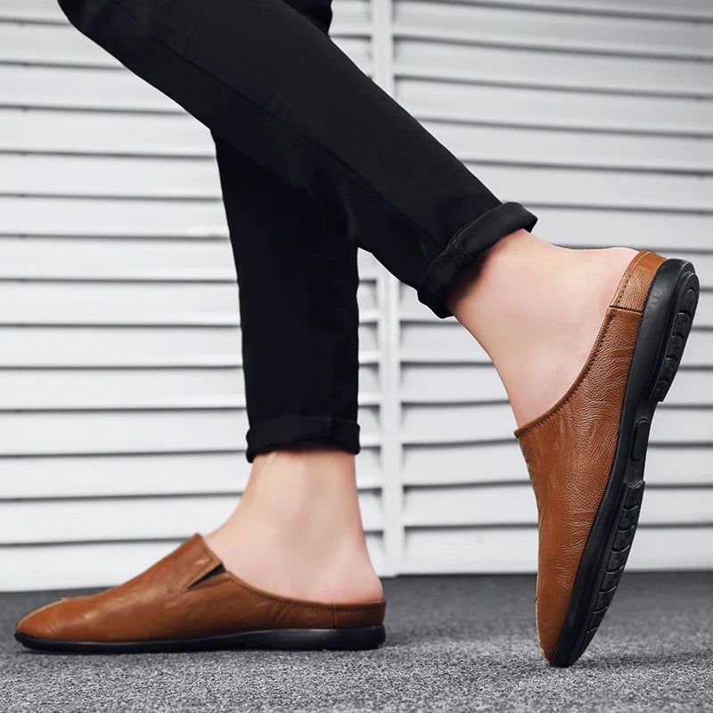 Side view of effortless slip-on mules showing premium leather upper and comfortable fit