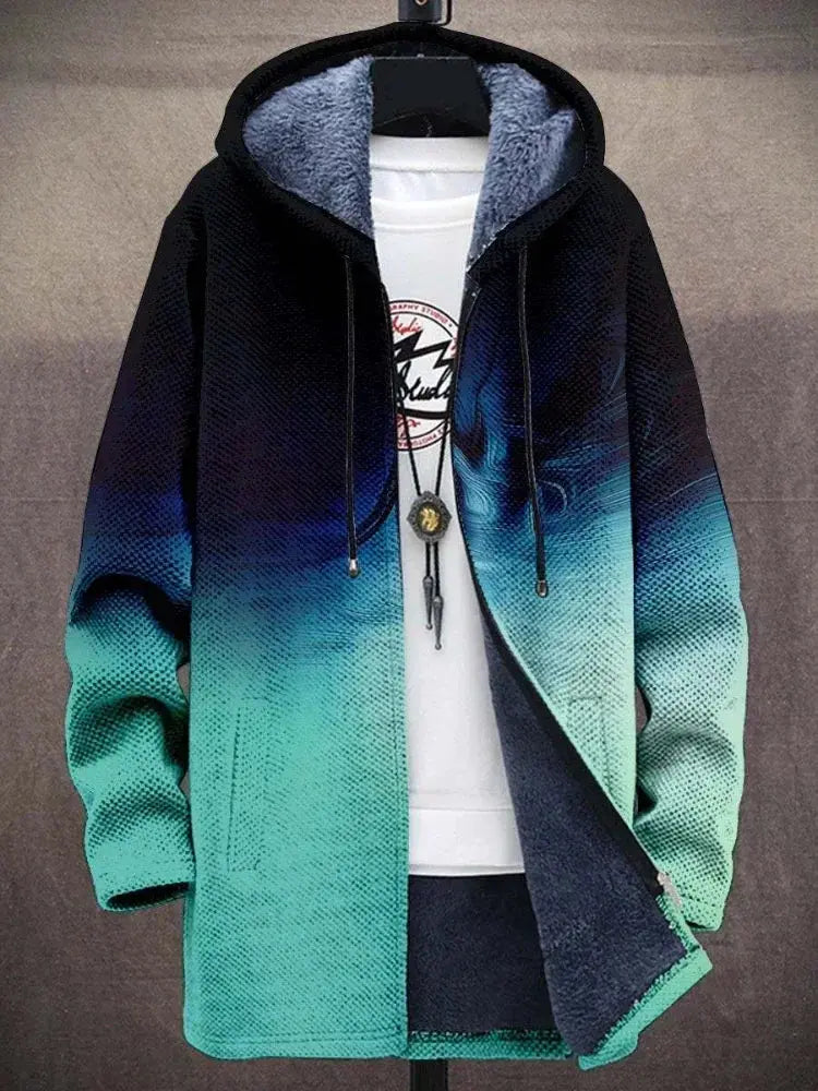 Model walking in the city wearing the warm colorful coat.