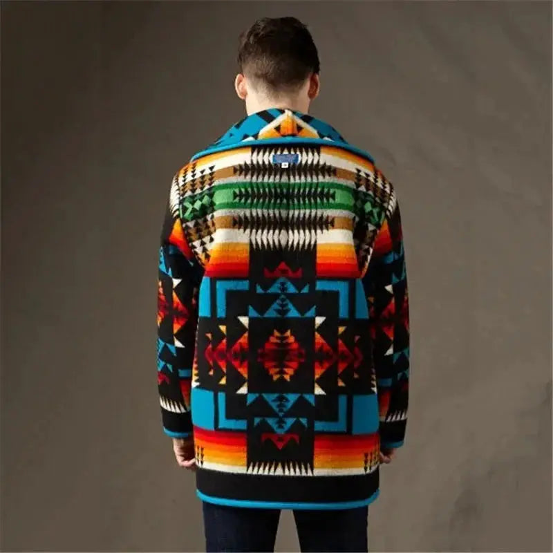 Close-up of the turn-down collar on the Geometric Woolen Coat, highlighting quality craftsmanship.