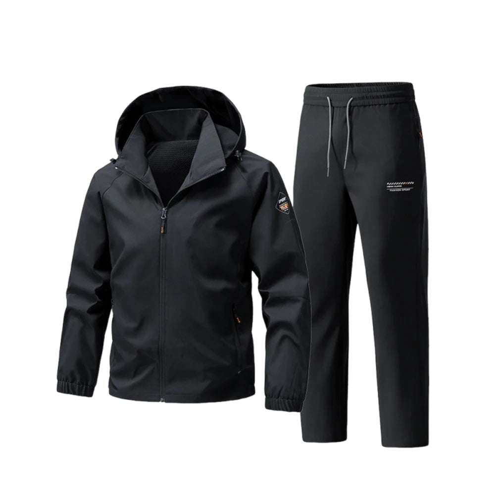 Urban Escape Set in navy blue, featuring a lightweight zippered jacket and drawstring trousers.