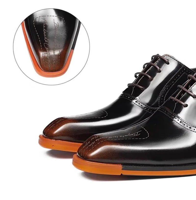 Genuine leather lace-up oxford shoes in solid black with breathable leather lining for weddings and formal events