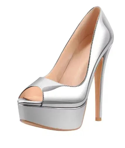 Glossy nude patent platform stilettos featuring peep toe design and stability platform
