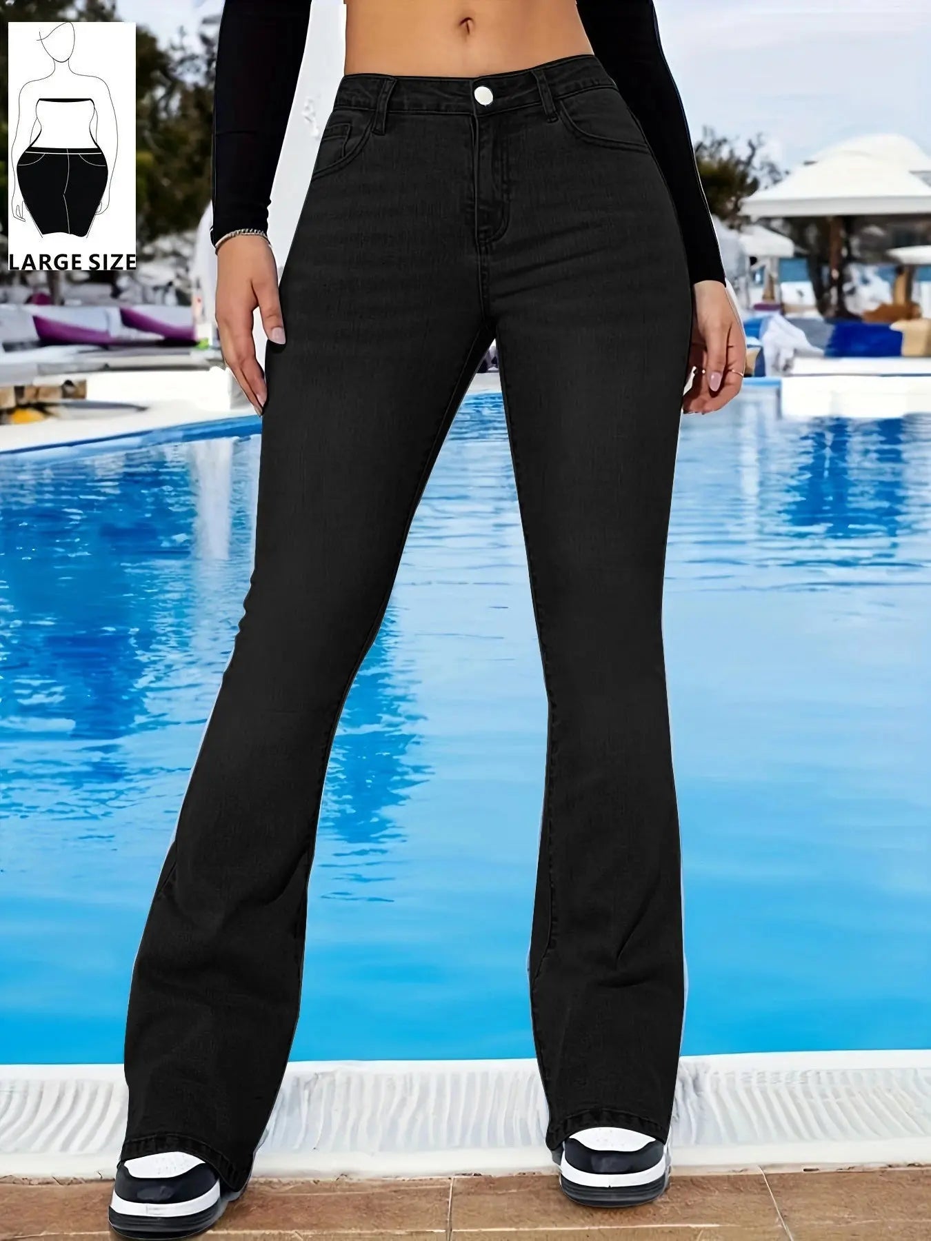 Wide-leg jeans styled for a summer market stroll, emphasizing year-round versatility.