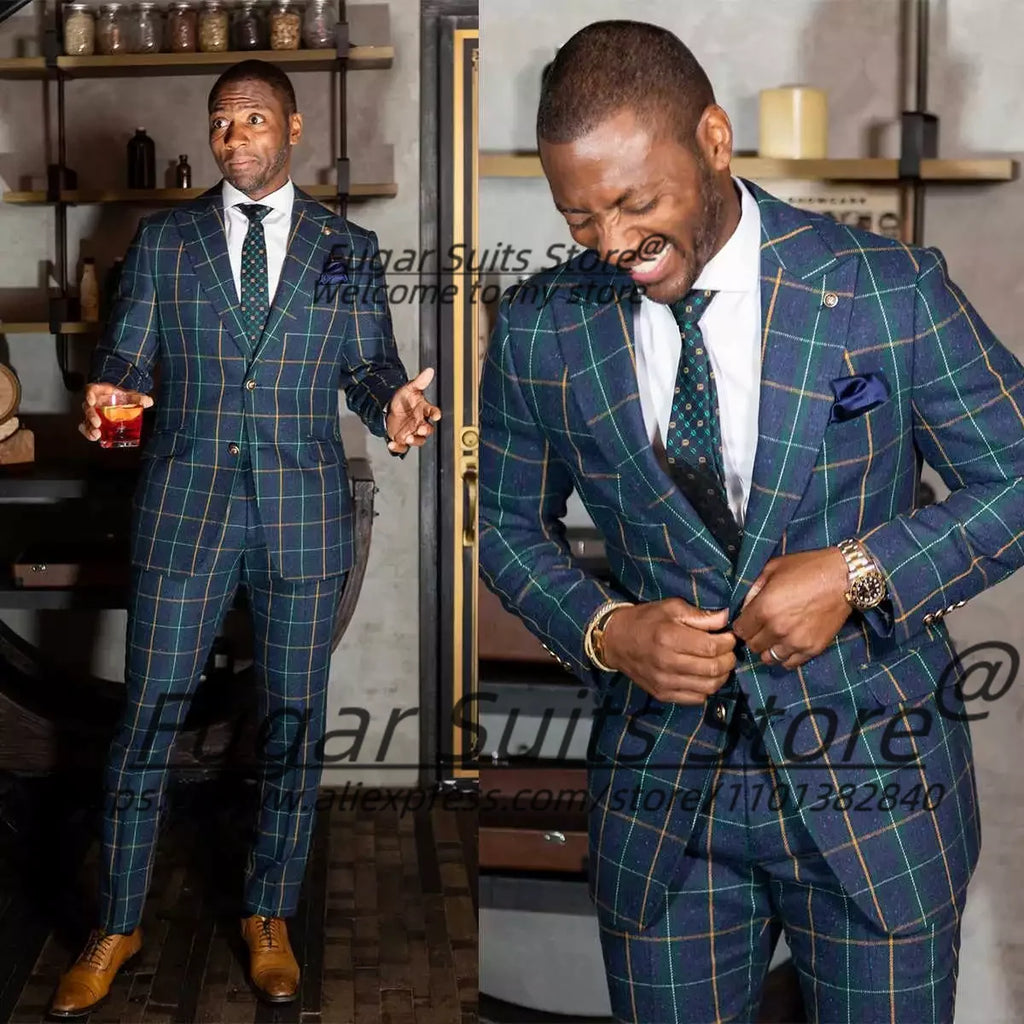 British plaid slim-fit two-piece suit with single-breasted blazer and matching trousers on white background