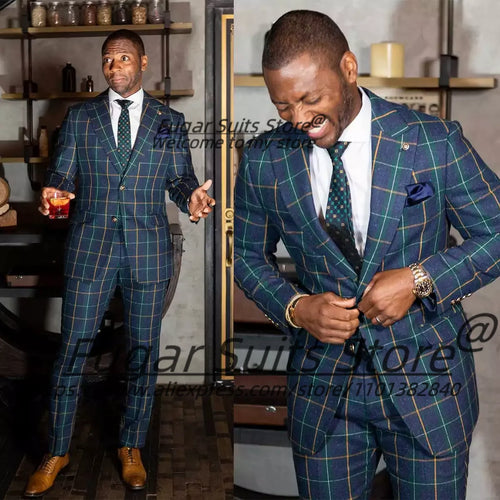 British plaid slim-fit two-piece suit with single-breasted blazer and matching trousers on white background