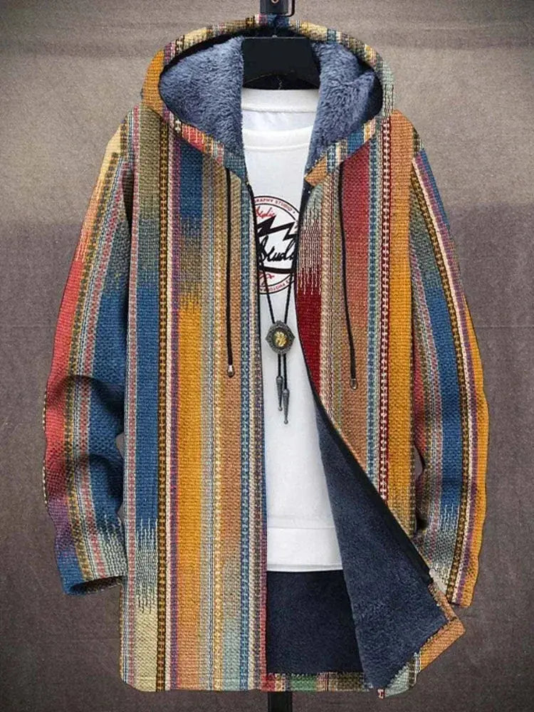 Artistic winter fashion showcased with the vibrant zip coat.