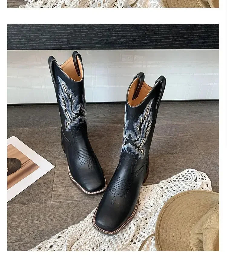 Square toe boots with artisan embroidery perfect for country concerts and festivals