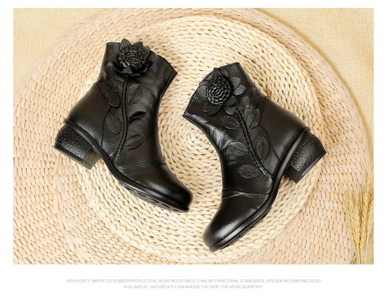 Classic vintage boots with bloom detailing, medium heel, and anti-slip security
