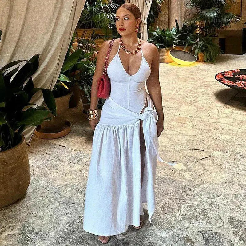 Elegant lace-up skirt set with a deep V-neck for a stylish look.