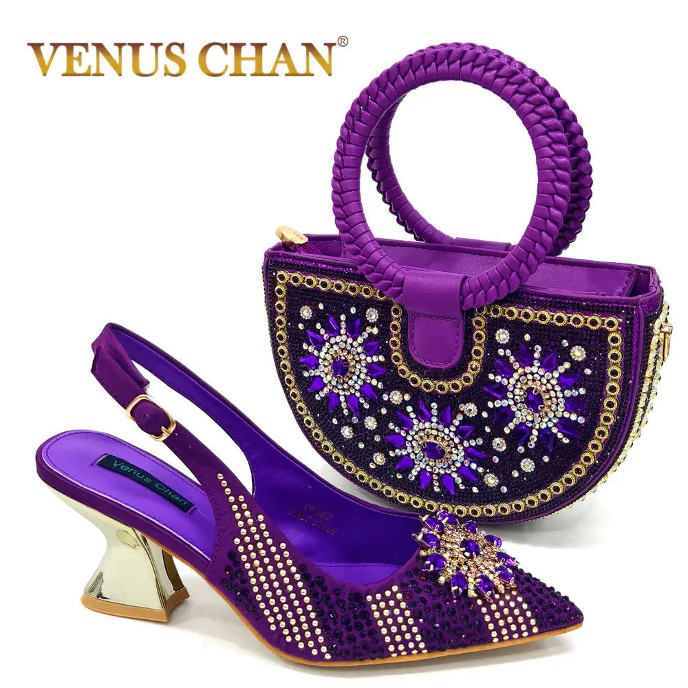 Royal Twilight heels in royal purple with shimmering rhinestones for elegant soirées.