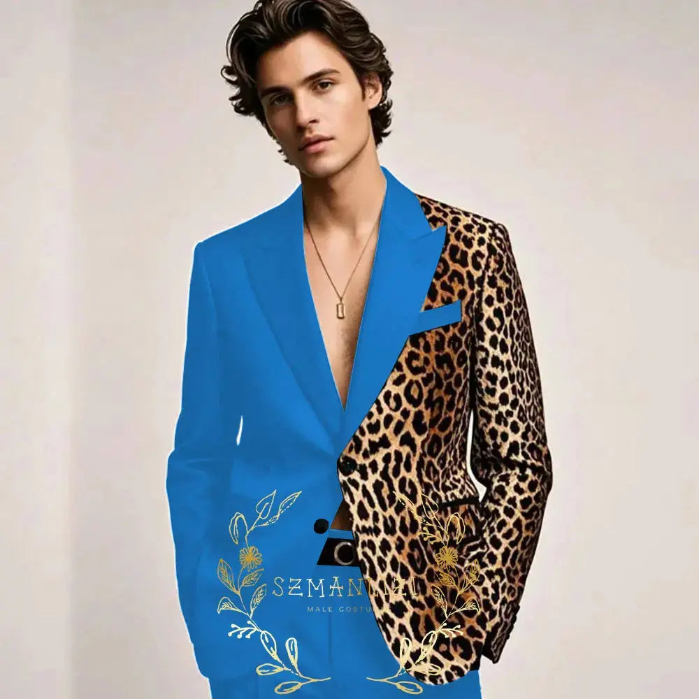 Men's formal tuxedo with exotic leopard print lapel detail and tailored fit