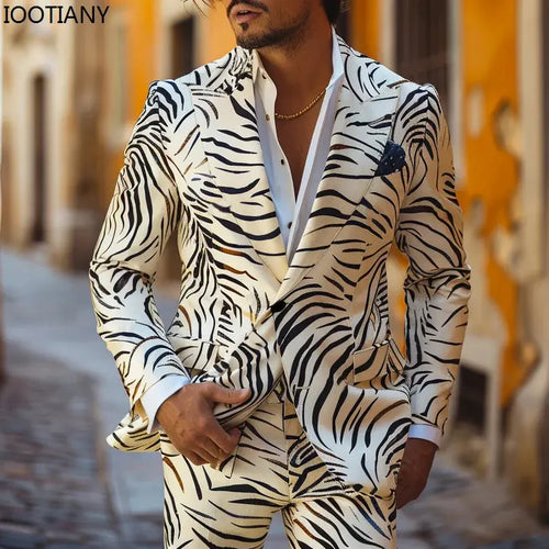 Art-inspired suit ensemble featuring vibrant patterns and tailored fit.