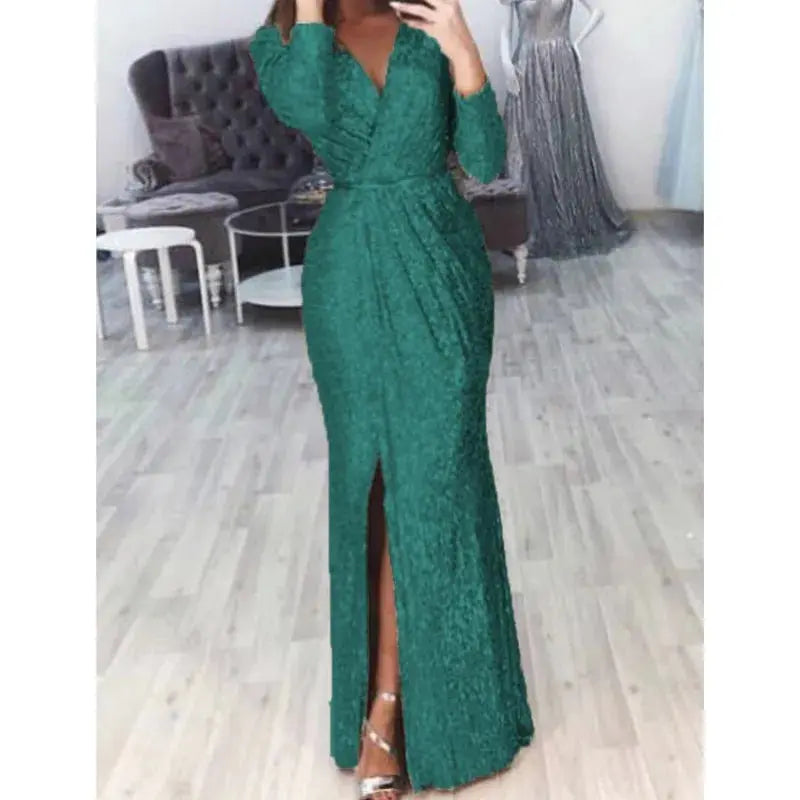 Side view of the Midnight Sparkle Gown, capturing the allure of the high slit.