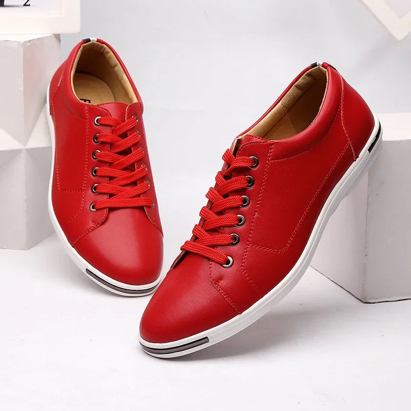 Men's brown breathable leather sneakers with lace-up design and waterproof finish on white background