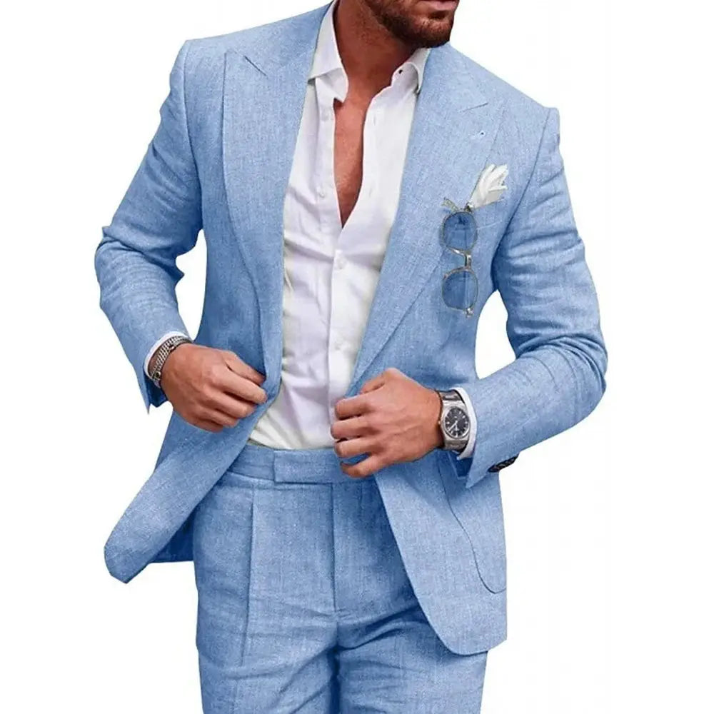 Men's linen suit in light beige, perfect for beach weddings and summer events.